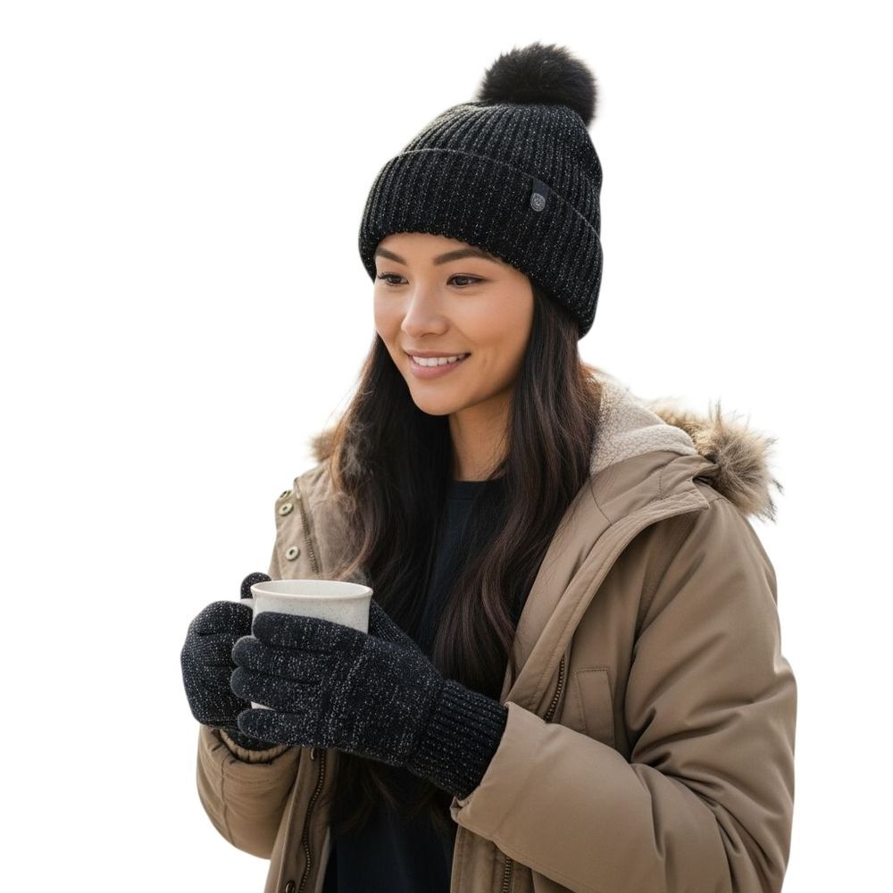 Style & Co Women's Black Faux-Fur Pom Pom Shimmer Beanie And Gloves Set - NWT